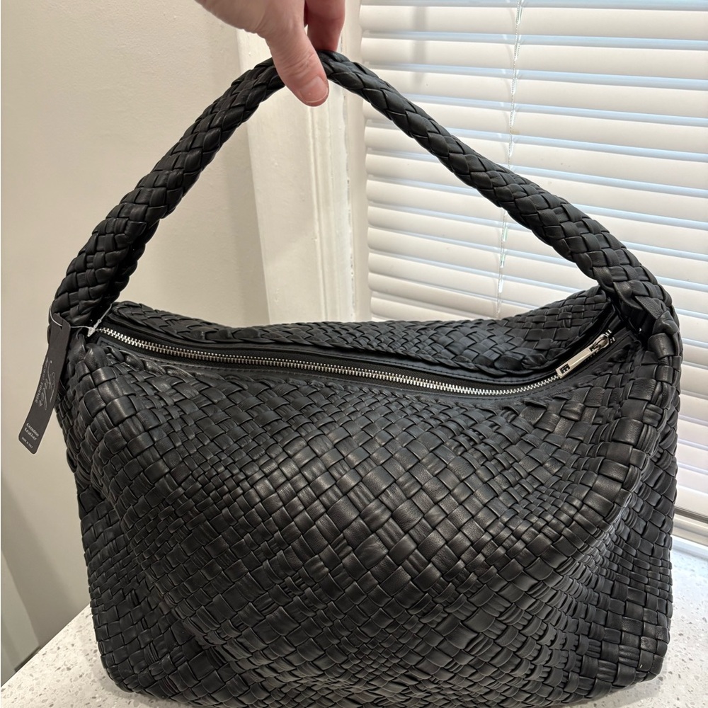 XL Botegga style Woven Leather Hobo Falor Bag - Black/ silver NWOT - Picture 6 of 14